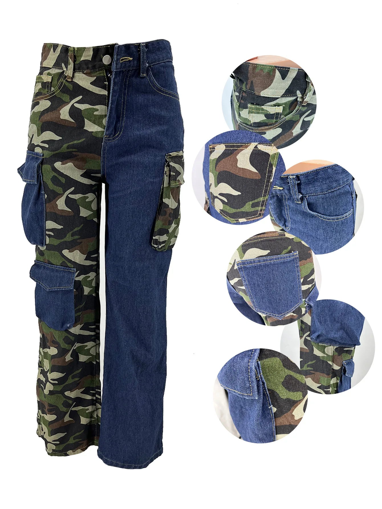 6799 Spring 2024 New Women's Denim Trousers Jeans Patchwork Camo Printed 3d Pocket Plus Size Denim Cargo Pants For Women