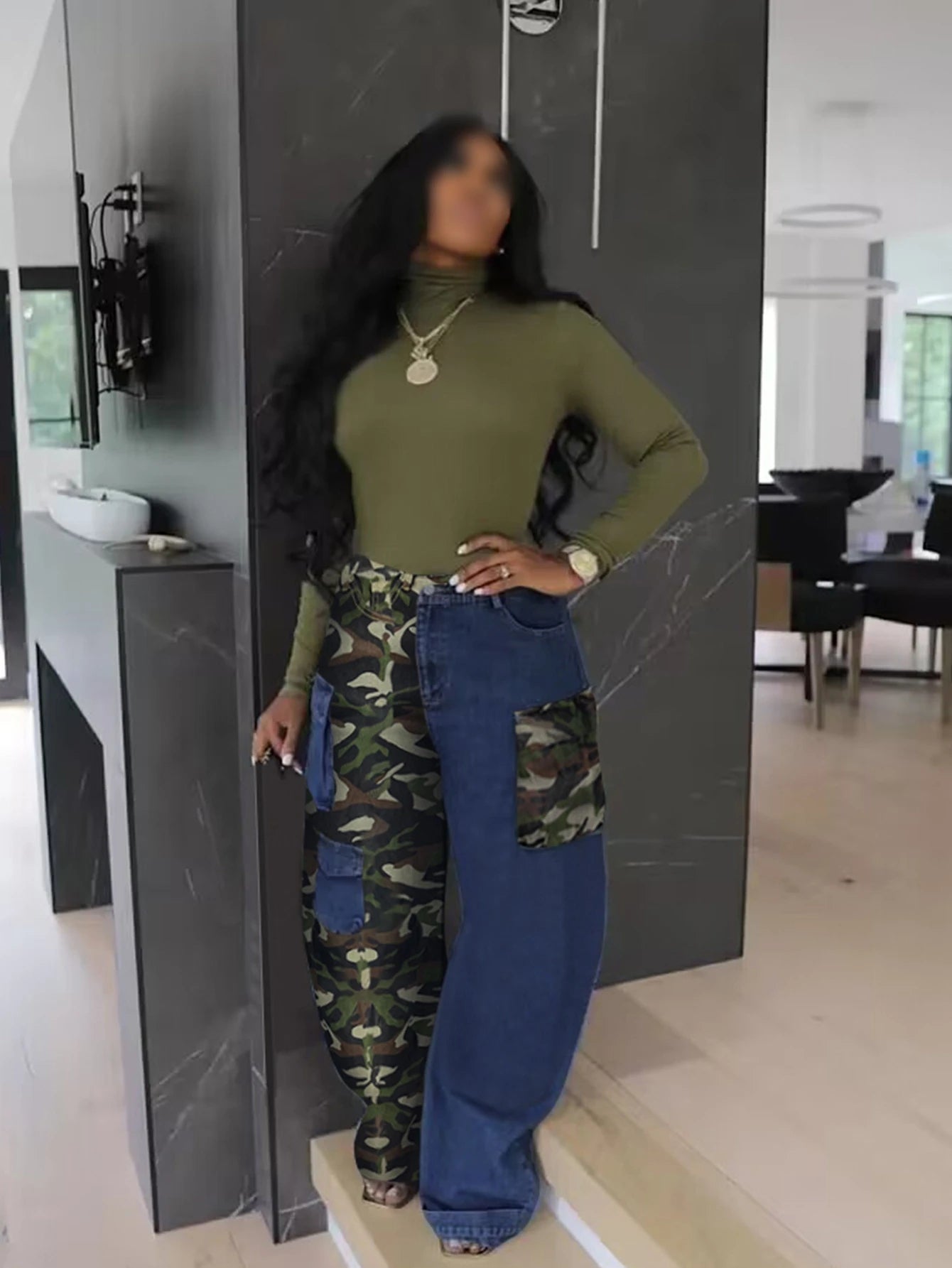 6799 Spring 2024 New Women's Denim Trousers Jeans Patchwork Camo Printed 3d Pocket Plus Size Denim Cargo Pants For Women