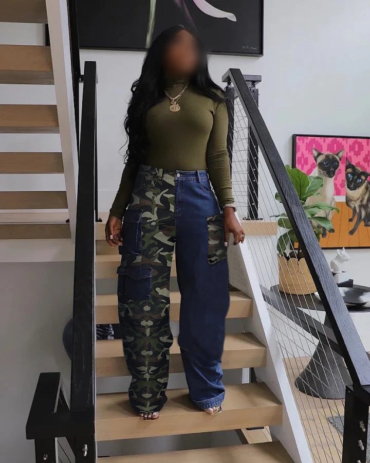 6799 Spring 2024 New Women's Denim Trousers Jeans Patchwork Camo Printed 3d Pocket Plus Size Denim Cargo Pants For Women