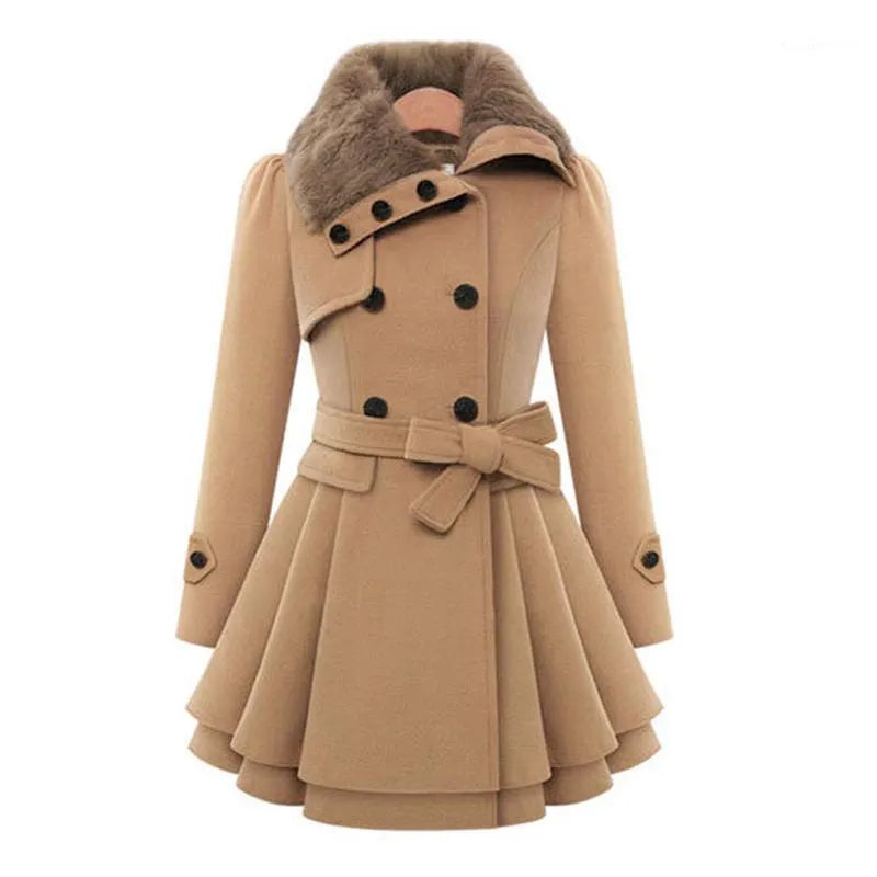 Autumn Winter Coat Women Wool Blend Trench Turn-down Collar Overcoat Female Red Long Sleeve Peacoat Elegant Coats 4XL Plus Size
