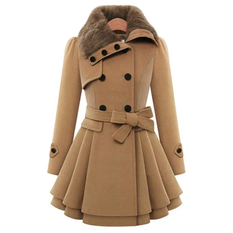 Autumn Winter Coat Women Wool Blend Trench Turn-down Collar Overcoat Female Red Long Sleeve Peacoat Elegant Coats 4XL Plus Size