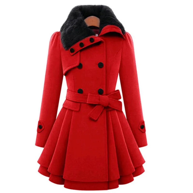 Autumn Winter Coat Women Wool Blend Trench Turn-down Collar Overcoat Female Red Long Sleeve Peacoat Elegant Coats 4XL Plus Size