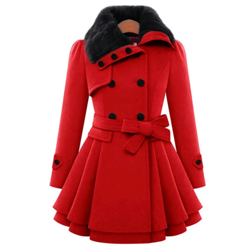 Autumn Winter Coat Women Wool Blend Trench Turn-down Collar Overcoat Female Red Long Sleeve Peacoat Elegant Coats 4XL Plus Size