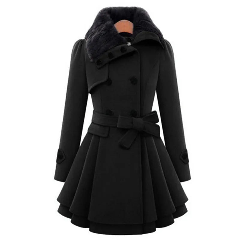 Autumn Winter Coat Women Wool Blend Trench Turn-down Collar Overcoat Female Red Long Sleeve Peacoat Elegant Coats 4XL Plus Size