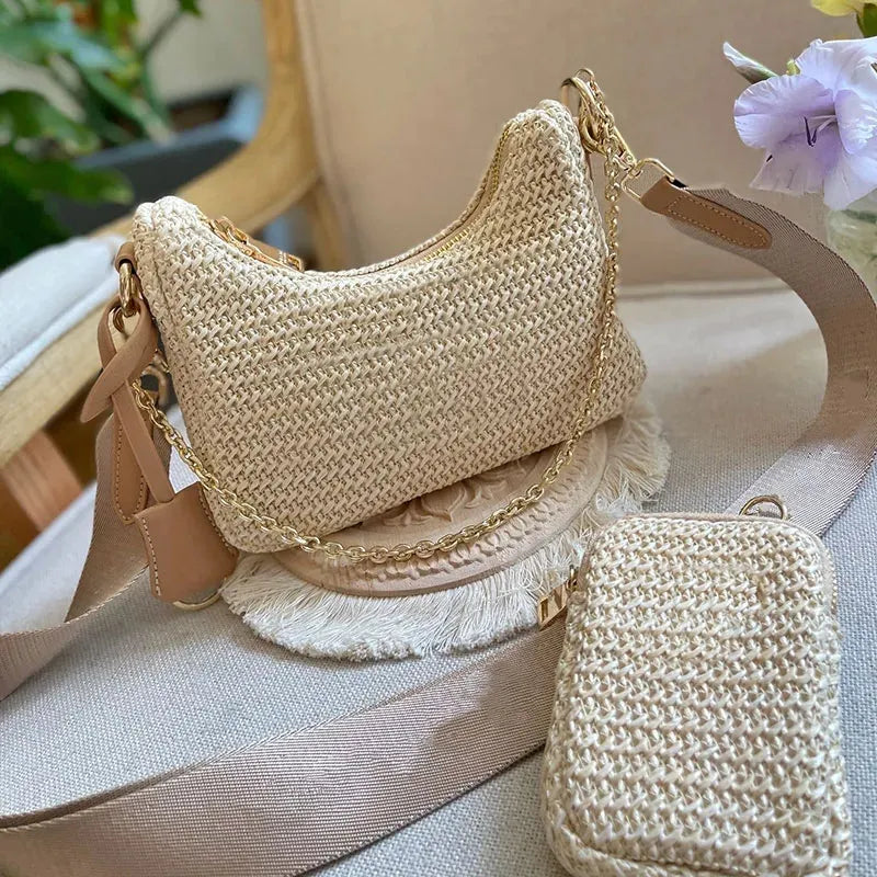 2024 Woman Straw Bags Bucket Bag Nylon Shoulder Hobos Chain Handbags Designer Crossbody Lady Small Totes