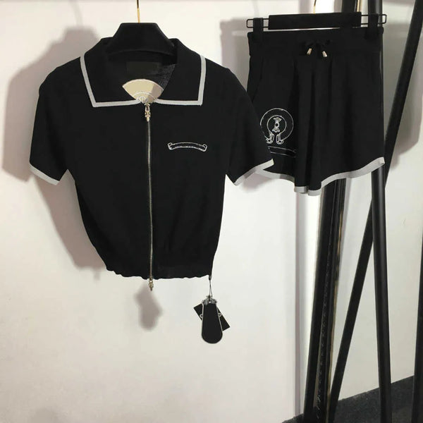 23ss womens designer brand New knitted suit Embroidered short sleeve T-shirt Elastic-waisted casual shorts set High quality women clothing a1