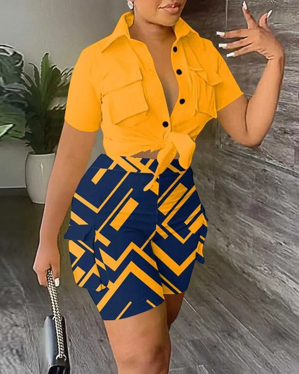 2024 Tracksuits Plus Size 3xl Womens Designer Clothing Two Piece Set Summer Collar 3D Pocket Printing Fashion Crop Top And Shorts Ladies Outfits