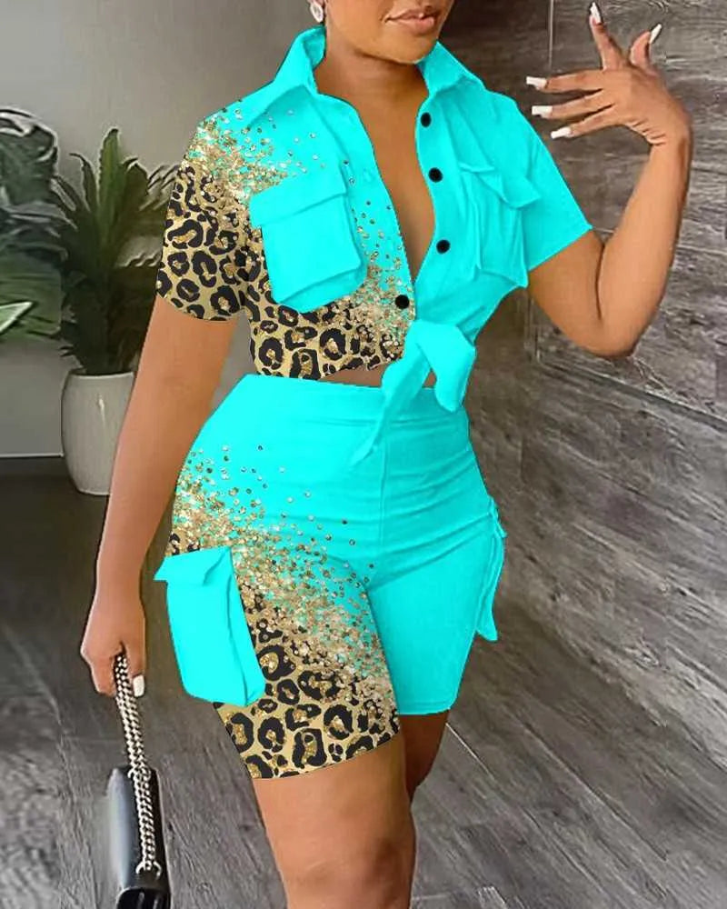 2024 Tracksuits Plus Size 3xl Womens Designer Clothing Two Piece Set Summer Collar 3D Pocket Printing Fashion Crop Top And Shorts Ladies Outfits