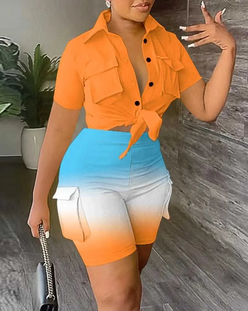 2024 Tracksuits Plus Size 3xl Womens Designer Clothing Two Piece Set Summer Collar 3D Pocket Printing Fashion Crop Top And Shorts Ladies Outfits