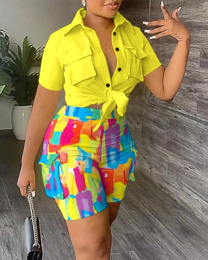 2024 Tracksuits Plus Size 3xl Womens Designer Clothing Two Piece Set Summer Collar 3D Pocket Printing Fashion Crop Top And Shorts Ladies Outfits
