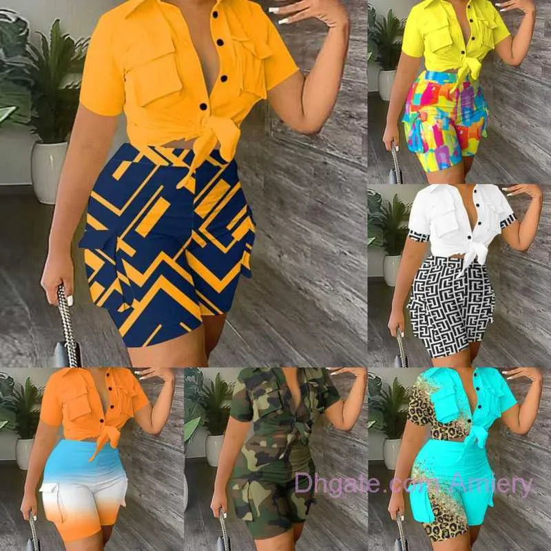 2024 Tracksuits Plus Size 3xl Womens Designer Clothing Two Piece Set Summer Collar 3D Pocket Printing Fashion Crop Top And Shorts Ladies Outfits