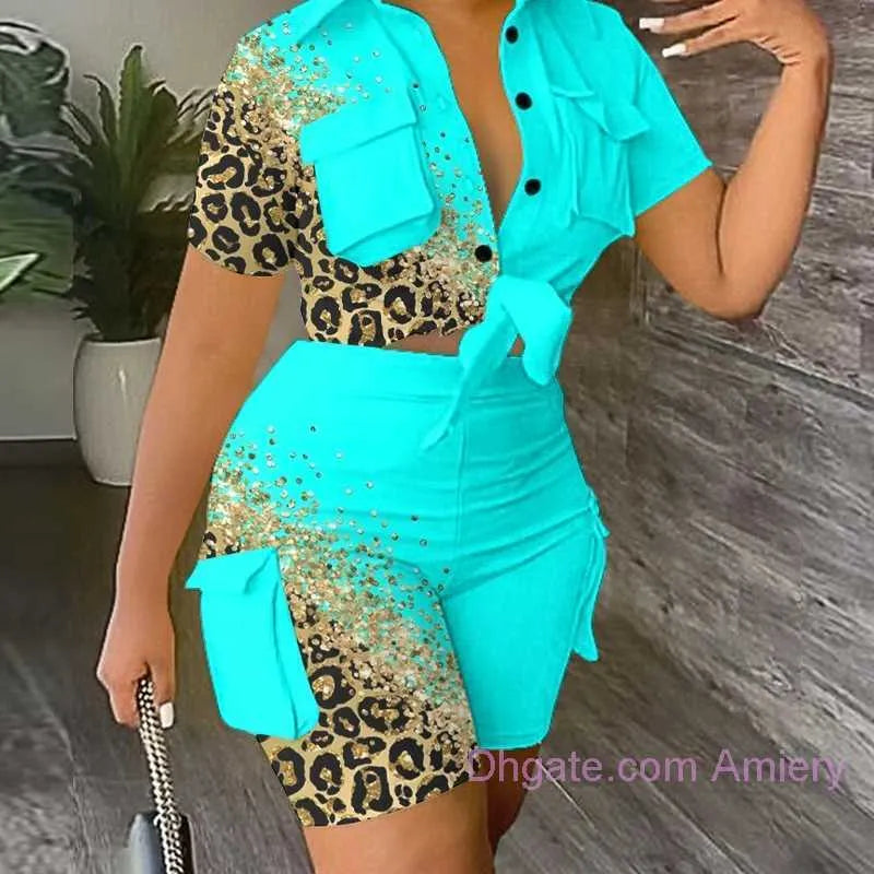 2024 Tracksuits Plus Size 3xl Womens Designer Clothing Two Piece Set Summer Collar 3D Pocket Printing Fashion Crop Top And Shorts Ladies Outfits