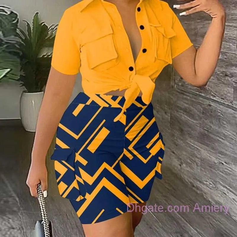 2024 Tracksuits Plus Size 3xl Womens Designer Clothing Two Piece Set Summer Collar 3D Pocket Printing Fashion Crop Top And Shorts Ladies Outfits