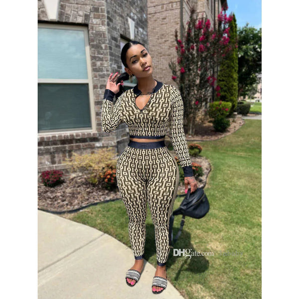 Autumn Designer Tarcksuit Women Casual Sweatsuit Two Piece Set Elastic Knitted Printed Long Sleeve Sexy Deep Neck Crop Top And Pants Suit Outfits