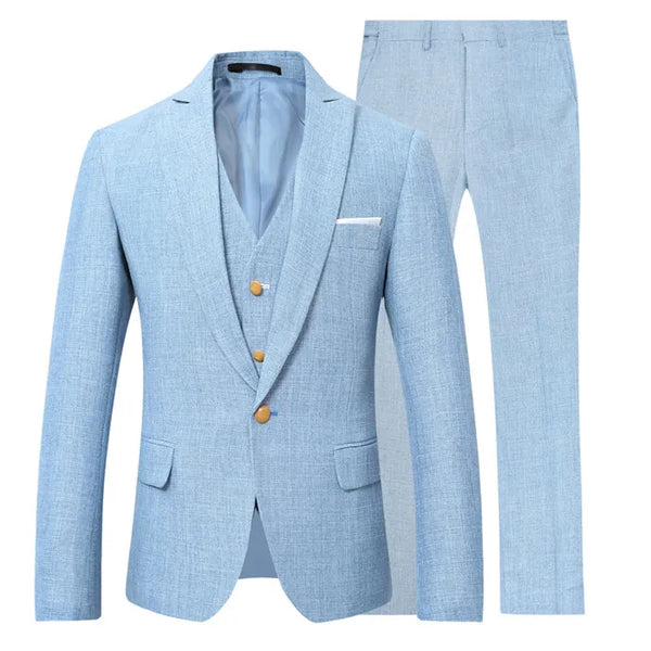 Arrival Sky Blue Linen Men Suits Latest Design Slim Fit Wedding Suit 3pcs Custom Made Prom Casual Tuxedos Men Suits