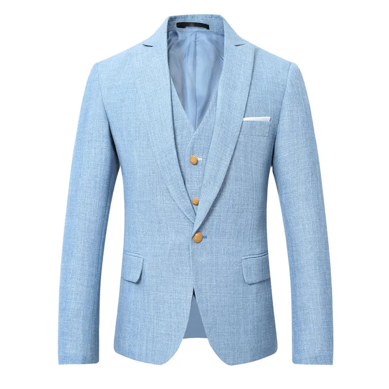 Arrival Sky Blue Linen Men Suits Latest Design Slim Fit Wedding Suit 3pcs Custom Made Prom Casual Tuxedos Men Suits