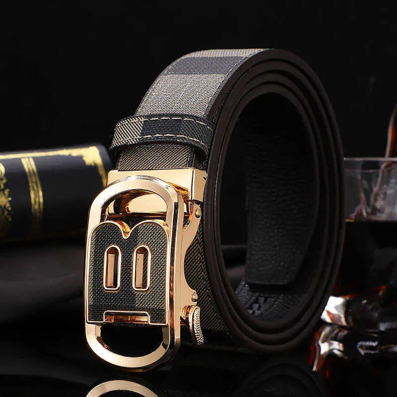 Automatic Buckle Plaid Business Casual Pants Belt for Men