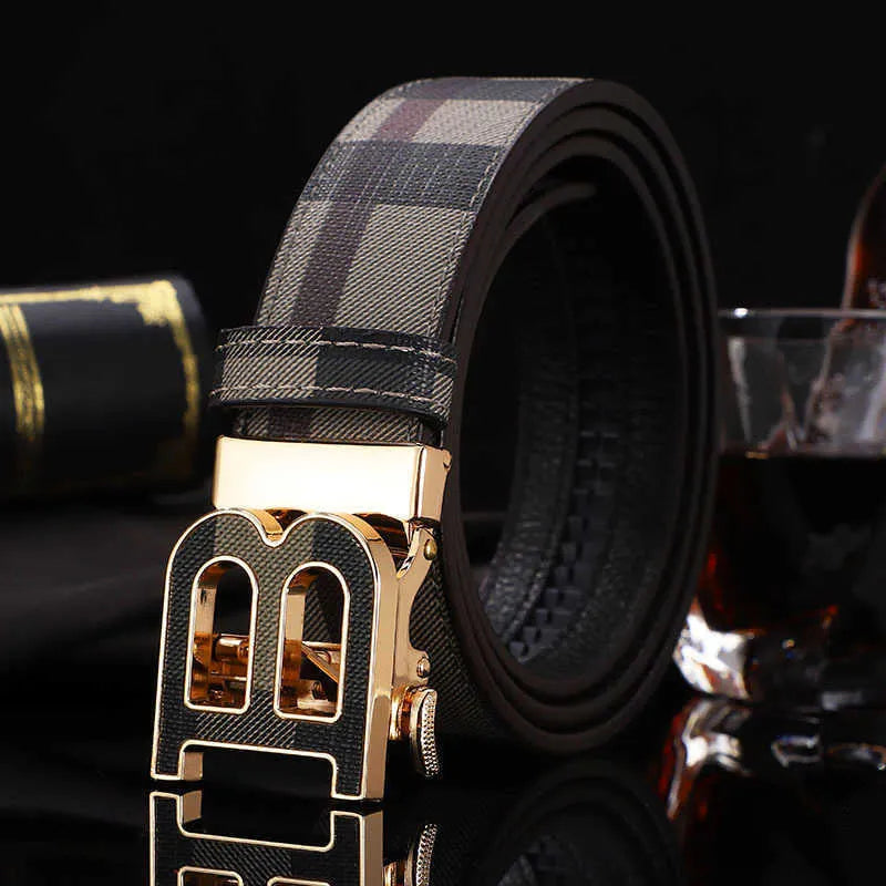 Automatic Buckle Plaid Business Casual Pants Belt for Men