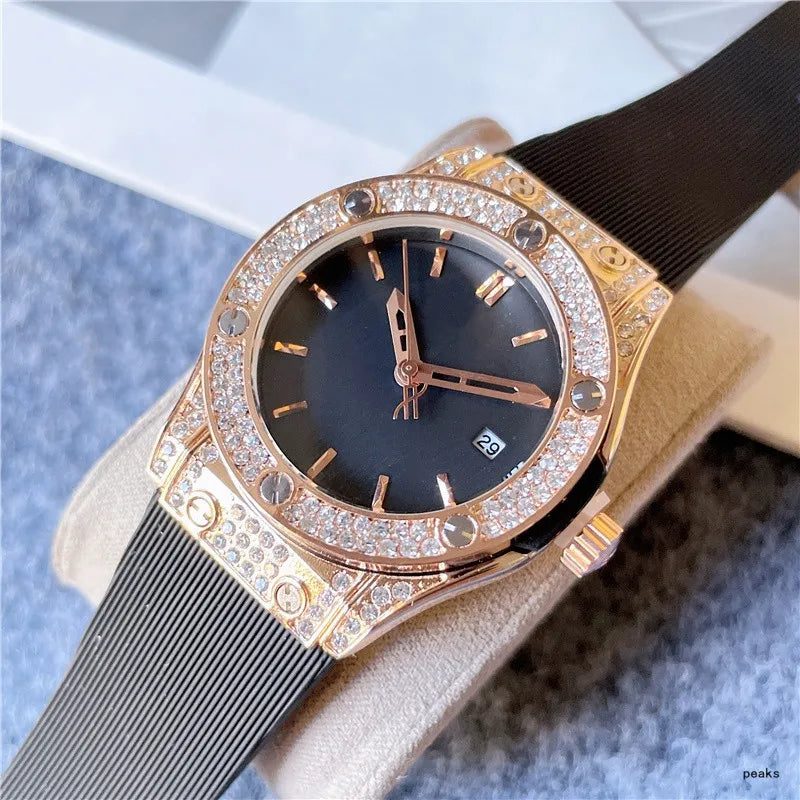 2024 Luxury Women&apos;s Quartz Watch - 34mm, Three-Stitch Rubber Strap, Diamond Accents, Top Brand Fashion Accessory