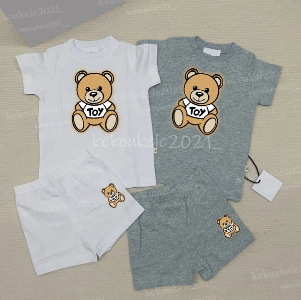 Baby Bear Tracksuit Set - 100% Cotton Short Sleeve T-shirt &amp; Shorts for Boys &amp; Girls - Summer Infant Clothes - 2 Piece Outfit - Pink, Blue, White, Gray