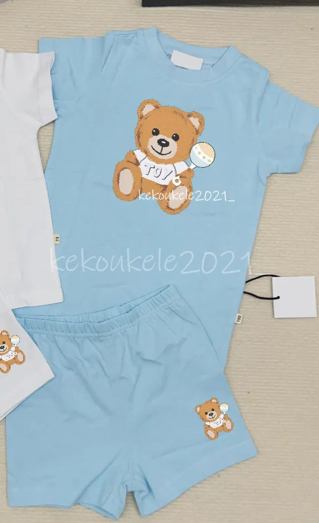 Baby Bear Tracksuit Set - 100% Cotton Short Sleeve T-shirt &amp; Shorts for Boys &amp; Girls - Summer Infant Clothes - 2 Piece Outfit - Pink, Blue, White, Gray