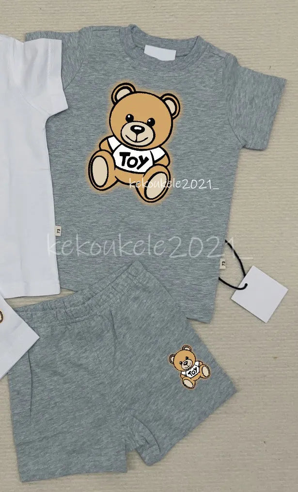Baby Bear Tracksuit Set - 100% Cotton Short Sleeve T-shirt &amp; Shorts for Boys &amp; Girls - Summer Infant Clothes - 2 Piece Outfit - Pink, Blue, White, Gray