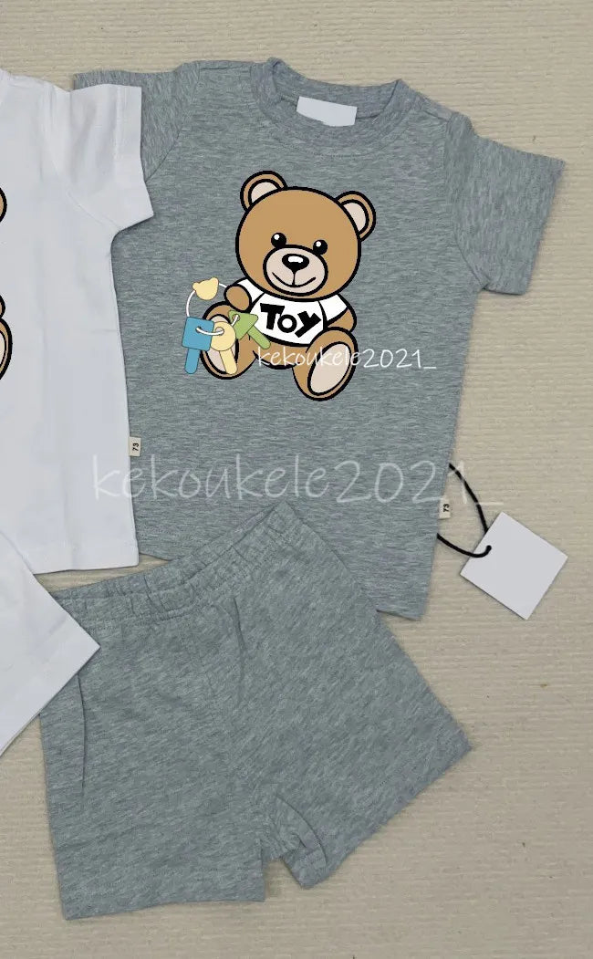 Baby Bear Tracksuit Set - 100% Cotton Short Sleeve T-shirt &amp; Shorts for Boys &amp; Girls - Summer Infant Clothes - 2 Piece Outfit - Pink, Blue, White, Gray
