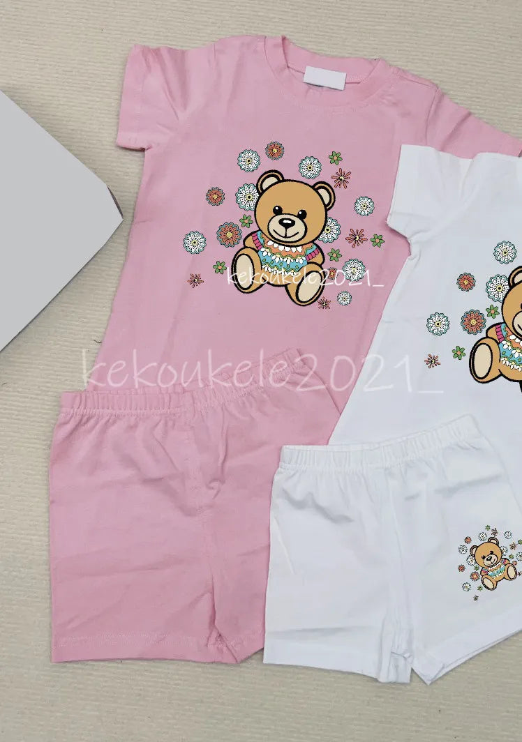 Baby Bear Tracksuit Set - 100% Cotton Short Sleeve T-shirt &amp; Shorts for Boys &amp; Girls - Summer Infant Clothes - 2 Piece Outfit - Pink, Blue, White, Gray