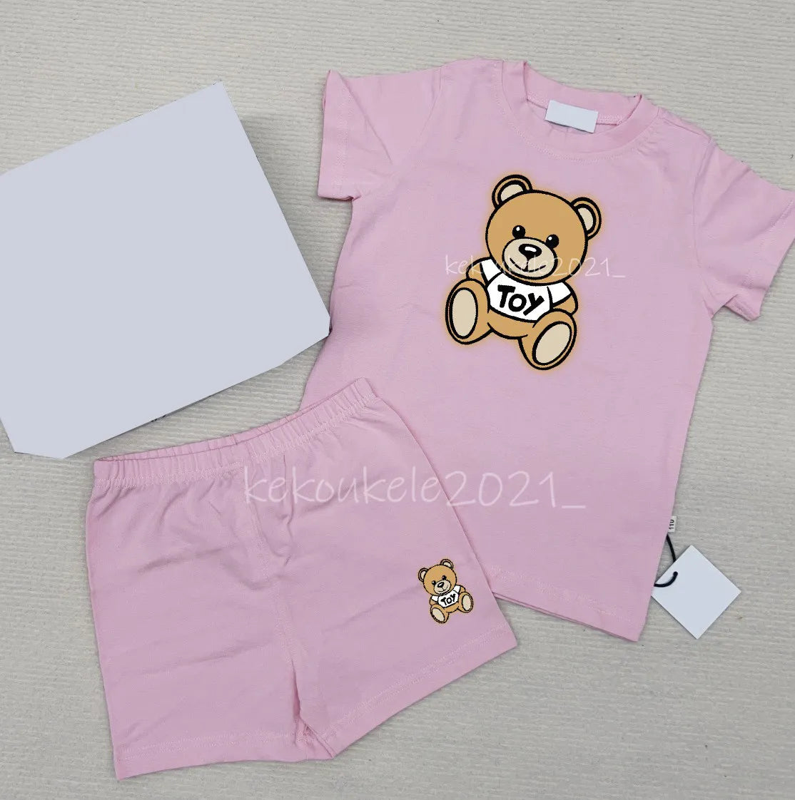 Baby Bear Tracksuit Set - 100% Cotton Short Sleeve T-shirt &amp; Shorts for Boys &amp; Girls - Summer Infant Clothes - 2 Piece Outfit - Pink, Blue, White, Gray