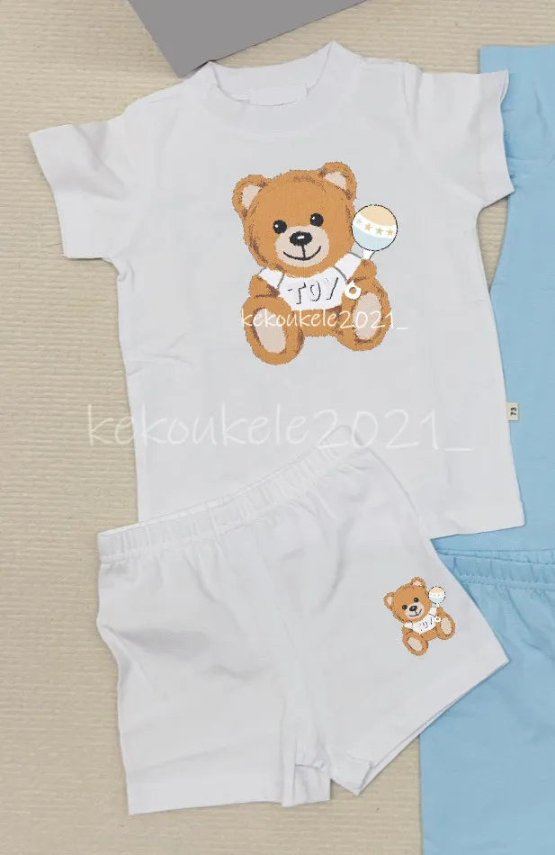 Baby Bear Tracksuit Set - 100% Cotton Short Sleeve T-shirt &amp; Shorts for Boys &amp; Girls - Summer Infant Clothes - 2 Piece Outfit - Pink, Blue, White, Gray