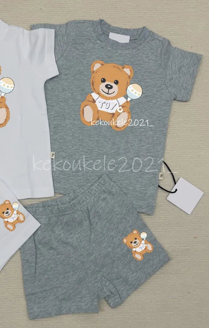 Baby Bear Tracksuit Set - 100% Cotton Short Sleeve T-shirt &amp; Shorts for Boys &amp; Girls - Summer Infant Clothes - 2 Piece Outfit - Pink, Blue, White, Gray