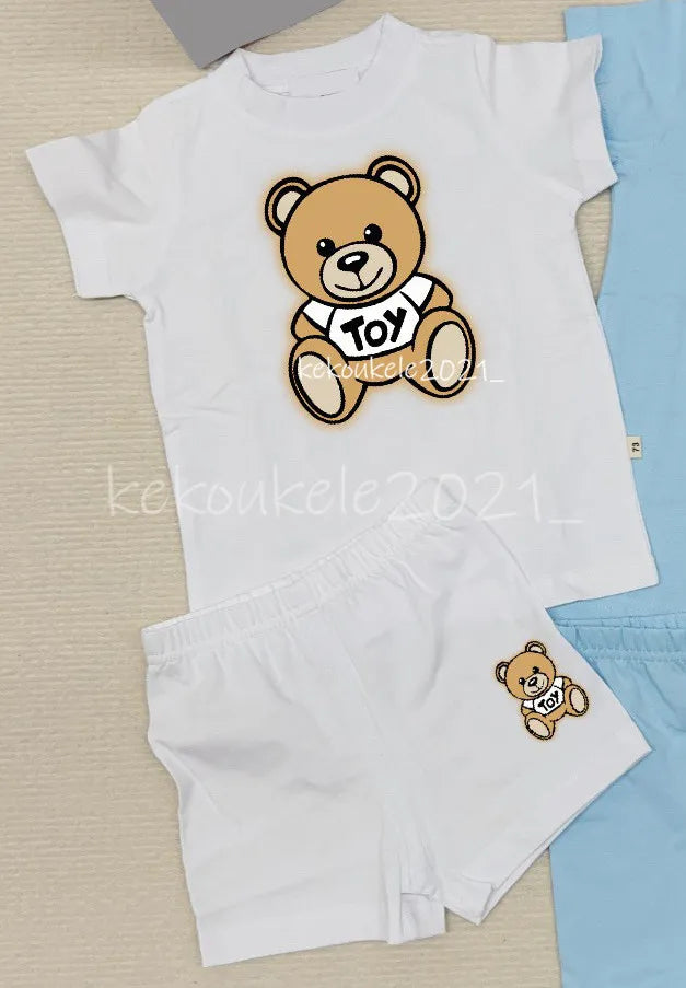 Baby Bear Tracksuit Set - 100% Cotton Short Sleeve T-shirt &amp; Shorts for Boys &amp; Girls - Summer Infant Clothes - 2 Piece Outfit - Pink, Blue, White, Gray