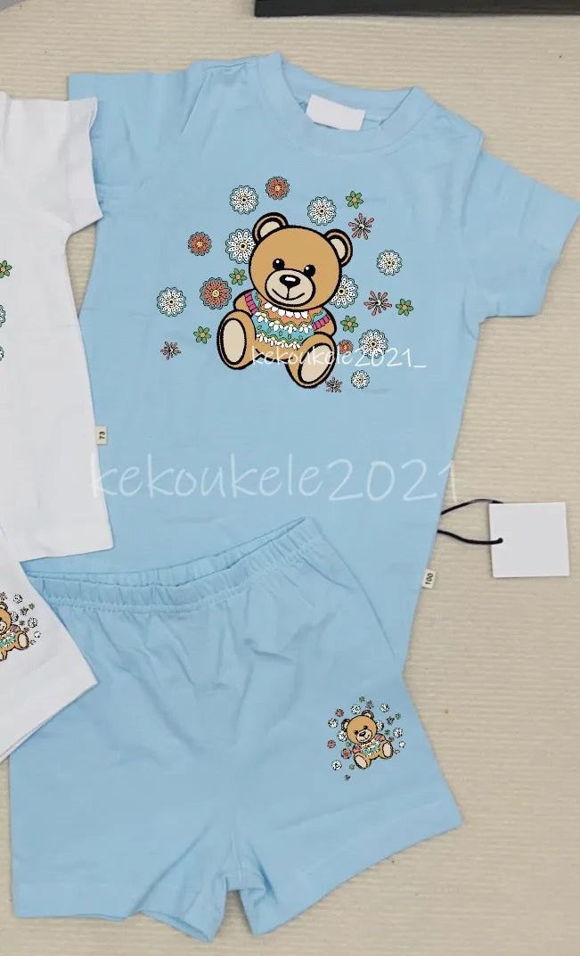 Baby Bear Tracksuit Set - 100% Cotton Short Sleeve T-shirt &amp; Shorts for Boys &amp; Girls - Summer Infant Clothes - 2 Piece Outfit - Pink, Blue, White, Gray