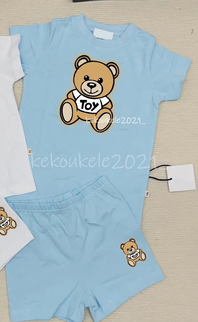 Baby Bear Tracksuit Set - 100% Cotton Short Sleeve T-shirt &amp; Shorts for Boys &amp; Girls - Summer Infant Clothes - 2 Piece Outfit - Pink, Blue, White, Gray