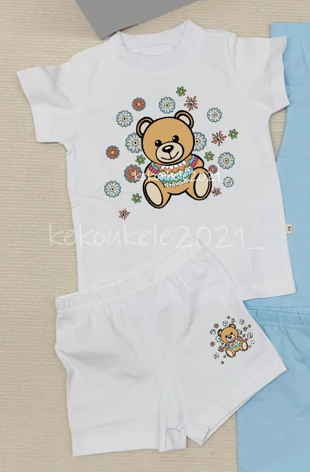 Baby Bear Tracksuit Set - 100% Cotton Short Sleeve T-shirt &amp; Shorts for Boys &amp; Girls - Summer Infant Clothes - 2 Piece Outfit - Pink, Blue, White, Gray