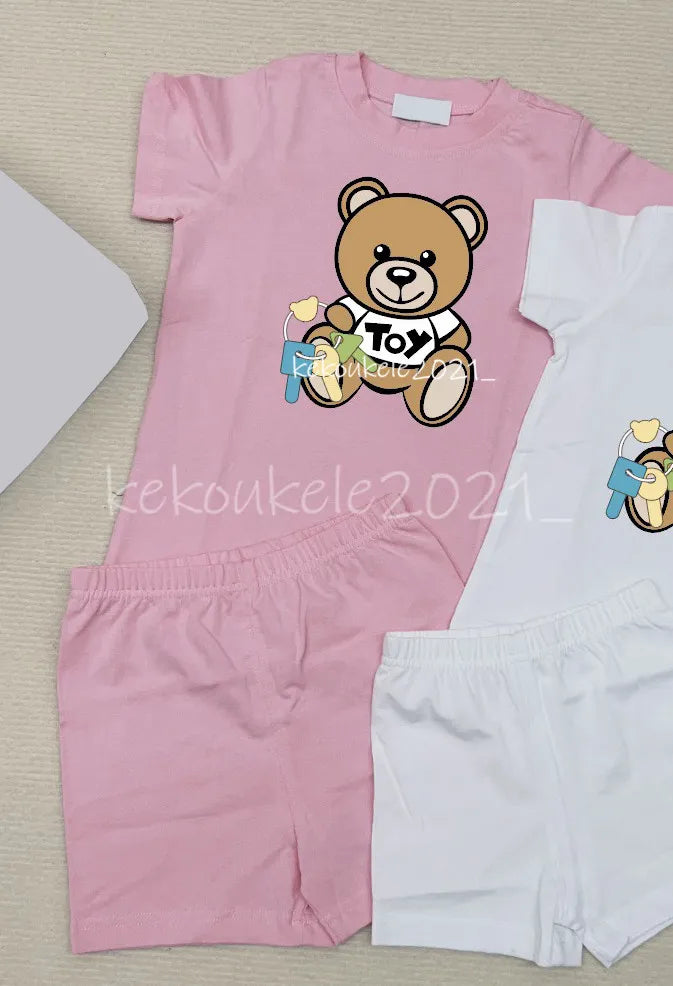 Baby Bear Tracksuit Set - 100% Cotton Short Sleeve T-shirt &amp; Shorts for Boys &amp; Girls - Summer Infant Clothes - 2 Piece Outfit - Pink, Blue, White, Gray