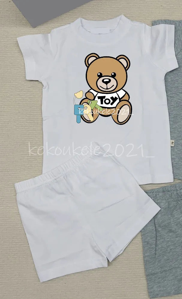 Baby Bear Tracksuit Set - 100% Cotton Short Sleeve T-shirt &amp; Shorts for Boys &amp; Girls - Summer Infant Clothes - 2 Piece Outfit - Pink, Blue, White, Gray