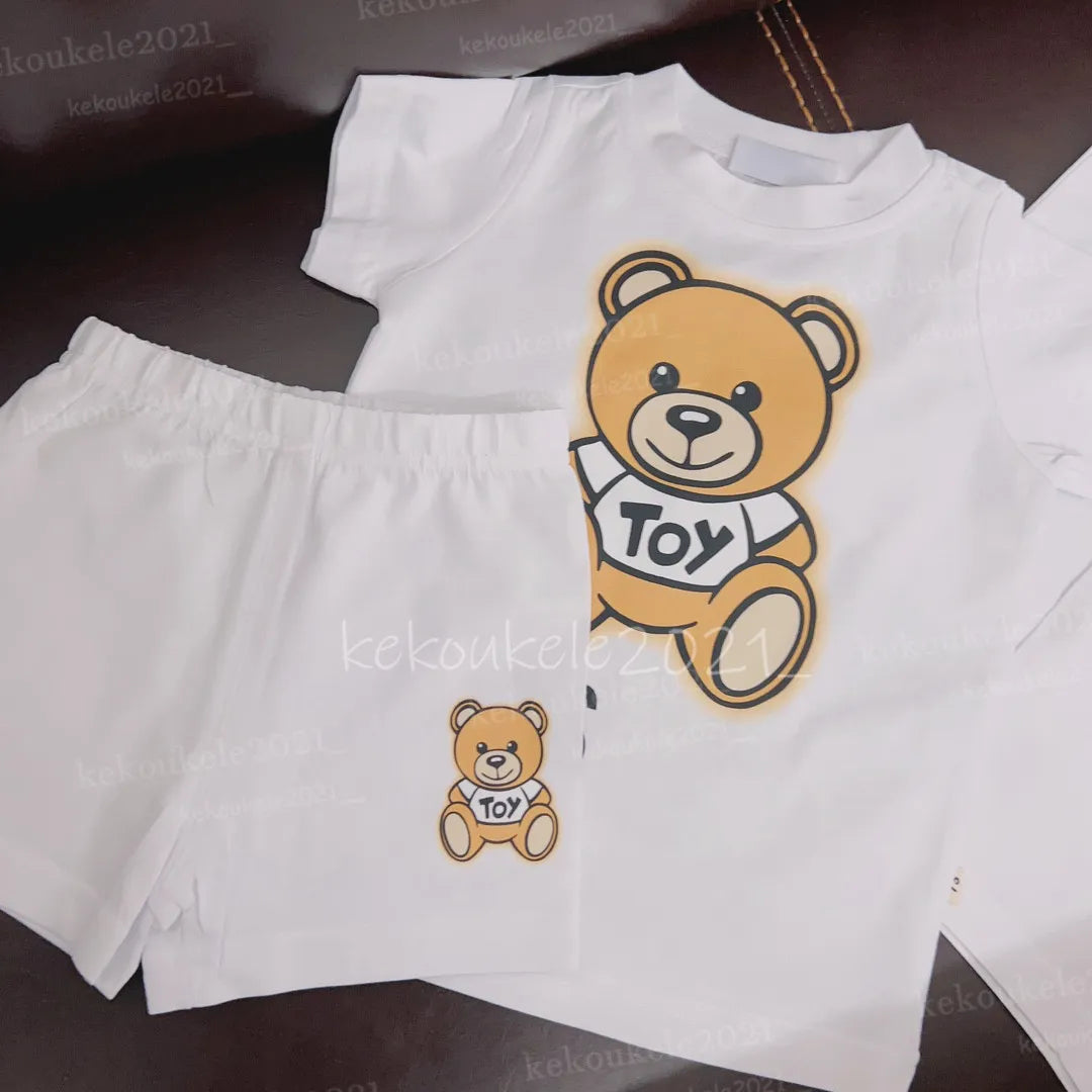Baby Bear Tracksuit Set - 100% Cotton Short Sleeve T-shirt &amp; Shorts for Boys &amp; Girls - Summer Infant Clothes - 2 Piece Outfit - Pink, Blue, White, Gray