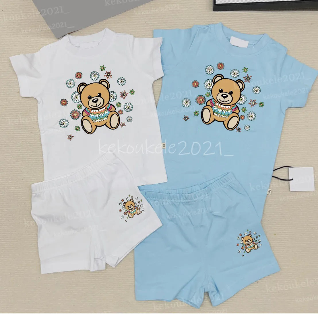 Baby Bear Tracksuit Set - 100% Cotton Short Sleeve T-shirt &amp; Shorts for Boys &amp; Girls - Summer Infant Clothes - 2 Piece Outfit - Pink, Blue, White, Gray