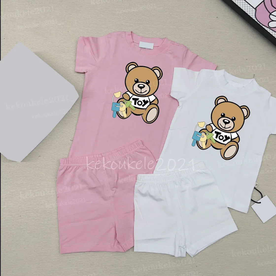Baby Bear Tracksuit Set - 100% Cotton Short Sleeve T-shirt &amp; Shorts for Boys &amp; Girls - Summer Infant Clothes - 2 Piece Outfit - Pink, Blue, White, Gray