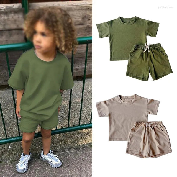 2024 Kids Summer Tracksuits Solid Casual Shorts T-shirt Set Toddler Boy Girl Clothes Suits Outfit Polyester Army Green
