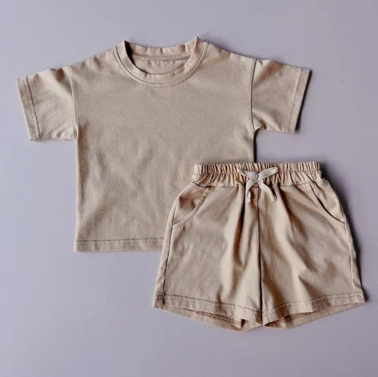 2024 Kids Summer Tracksuits Solid Casual Shorts T-shirt Set Toddler Boy Girl Clothes Suits Outfit Polyester Army Green