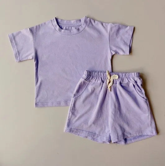 2024 Kids Summer Tracksuits Solid Casual Shorts T-shirt Set Toddler Boy Girl Clothes Suits Outfit Polyester Army Green