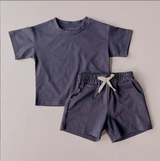 2024 Kids Summer Tracksuits Solid Casual Shorts T-shirt Set Toddler Boy Girl Clothes Suits Outfit Polyester Army Green