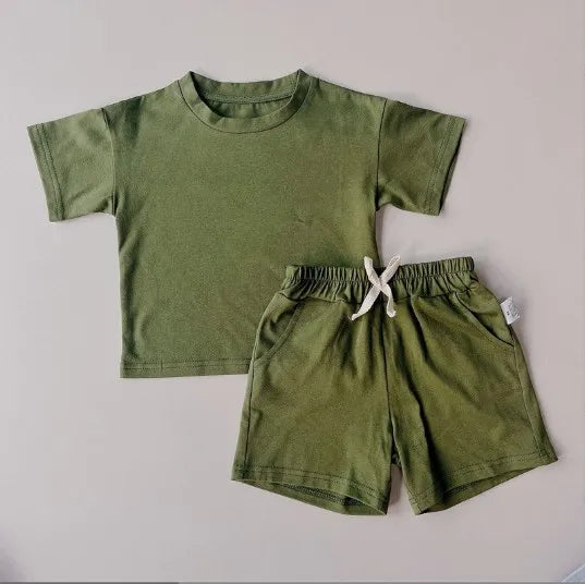 2024 Kids Summer Tracksuits Solid Casual Shorts T-shirt Set Toddler Boy Girl Clothes Suits Outfit Polyester Army Green