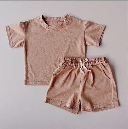 2024 Kids Summer Tracksuits Solid Casual Shorts T-shirt Set Toddler Boy Girl Clothes Suits Outfit Polyester Army Green