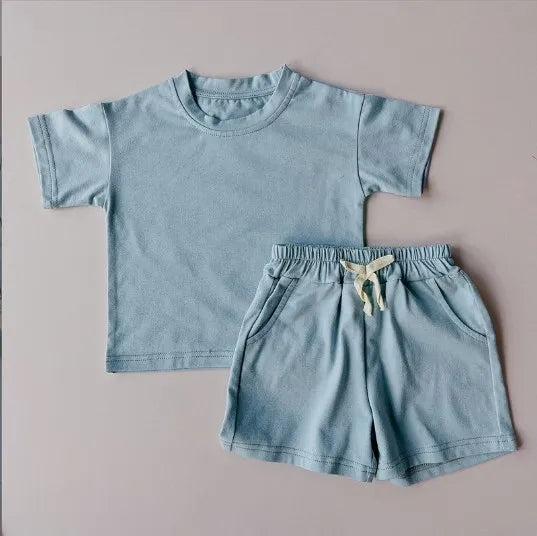 2024 Kids Summer Tracksuits Solid Casual Shorts T-shirt Set Toddler Boy Girl Clothes Suits Outfit Polyester Army Green
