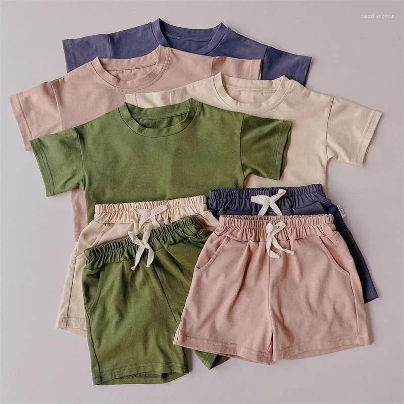 2024 Kids Summer Tracksuits Solid Casual Shorts T-shirt Set Toddler Boy Girl Clothes Suits Outfit Polyester Army Green