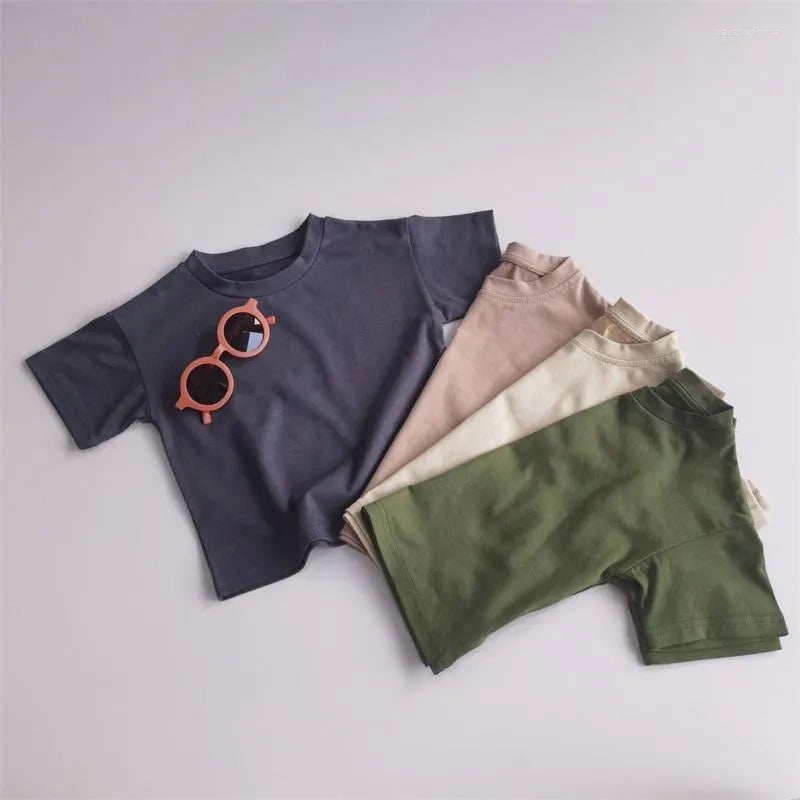 2024 Kids Summer Tracksuits Solid Casual Shorts T-shirt Set Toddler Boy Girl Clothes Suits Outfit Polyester Army Green
