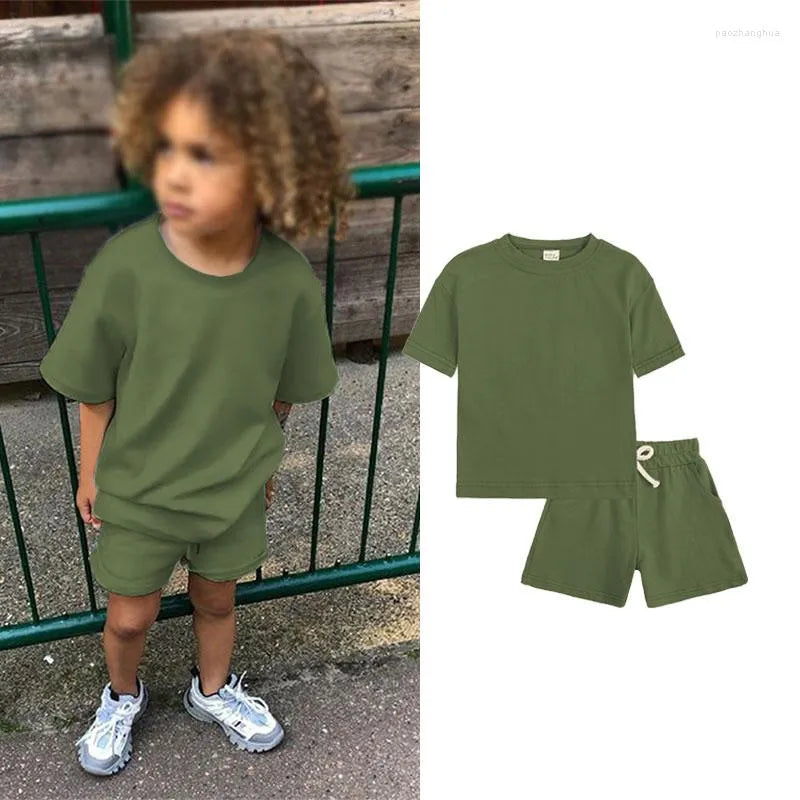 2024 Kids Summer Tracksuits Solid Casual Shorts T-shirt Set Toddler Boy Girl Clothes Suits Outfit Polyester Army Green